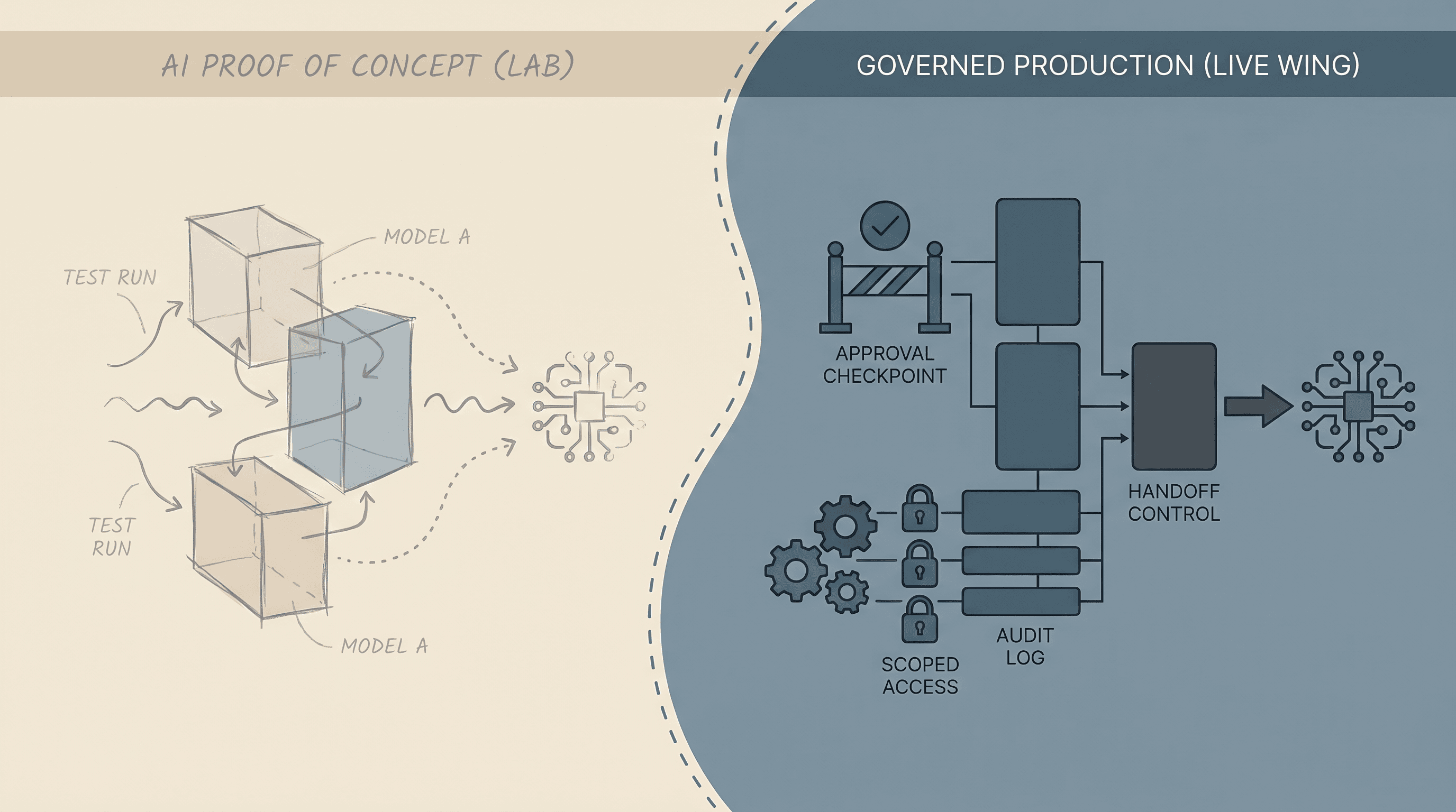 Diagram comparing an AI proof of concept path with a production workflow that includes publish authority, scoped app access, approval gates, workflow identity, and post-run evidence