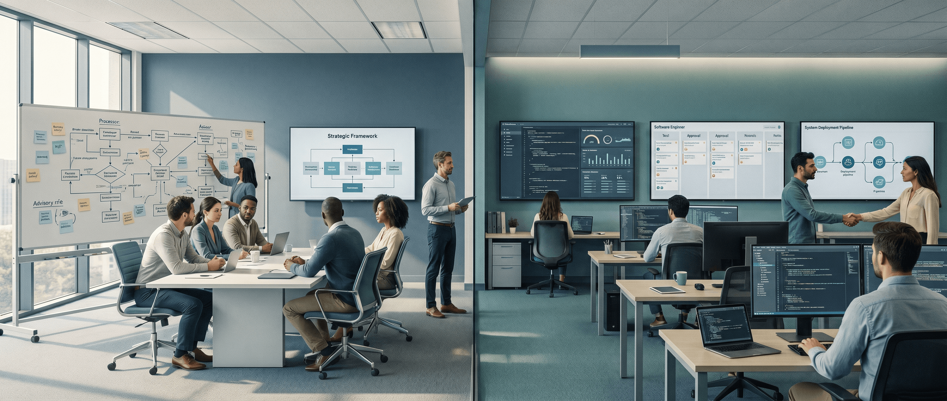 Comparison artwork for AI services versus AI consulting in the generative AI era