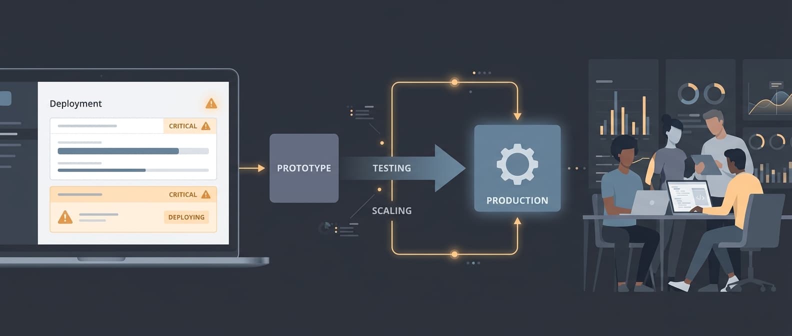 Launch-pressure illustration for a Replit app breaking between prototype development and production deployment