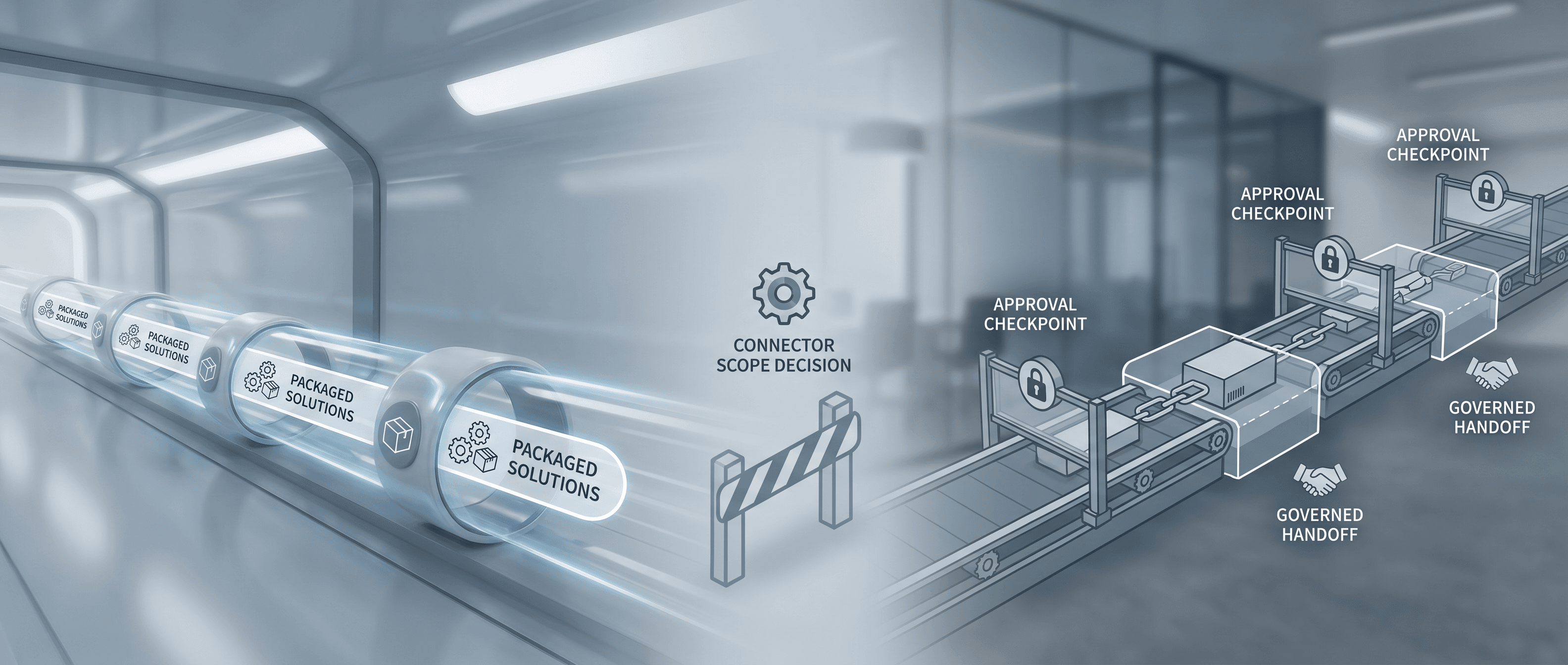 Comparison artwork for deciding when custom AI versus off-the-shelf becomes a connector-scope workflow choice