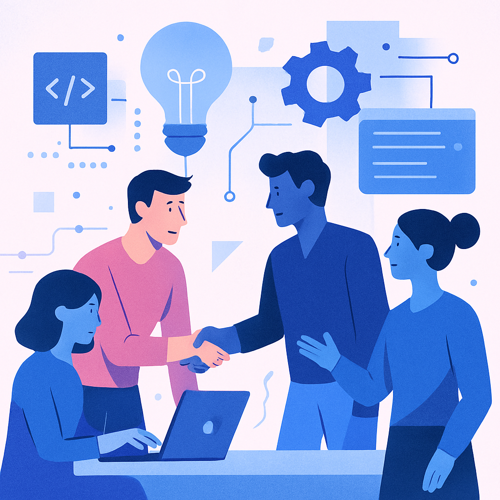 Team collaboration with technology icons and business partnership