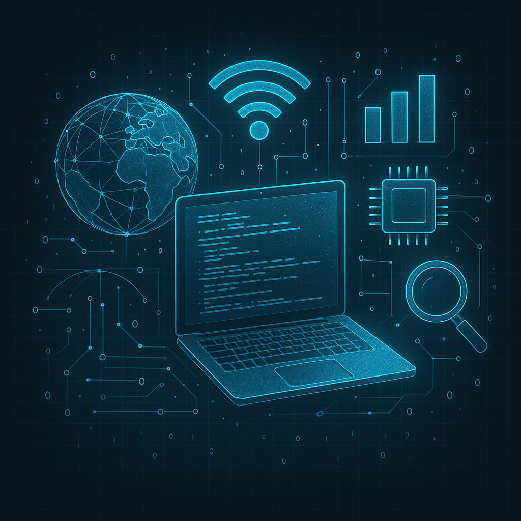 Digital technology visualization with laptop, globe, and tech elements